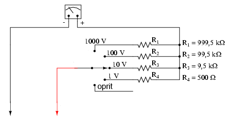 volmetru folosind un comutator multi-polar si o serie de rezistori de multiplicare 00154.png