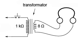 detector de nul realizat cu ajutorul unei perechi de căşti şi un întrerupător; adăugarea în circuit a unui transformator 00426.png