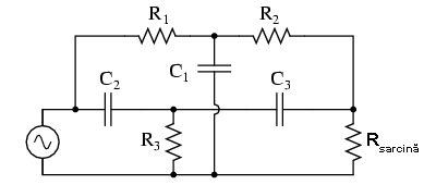 circuitul electric al filtrului stop-bandă în configuraţie T, format din conectarea în paralel a unui filtru trece-jos cu un filtru trece-sus 02123.png