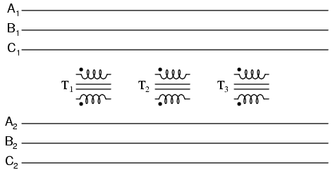 intrările A1, B1, C1 pot fi conectate fie în configuraţie stea, fie triunghi; acelaşi lucru este valabil şi pentru intrările A2, B2, C2 02205.png