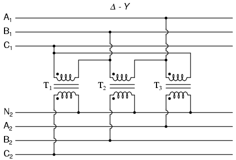 conectarea unui transformator trifazat în configuraţie triunghi-stea - Δ-Y; exemplificare cu ajutorul a trei transformatoare monofazate echivalente 02208.png
