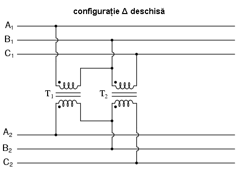 conectarea unui transformator trifazat în configuraţie triunghi-triunghi deschisă- Δ-Δ; exemplificare cu ajutorul a două transformatoare monofazate echivalente 02210.png