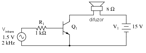 amplificator cu tranzistor în conexiune emitor comun legat la difuzor şi acţionat cu ajutorul unui semnal audio; circuitul practic 03098.png