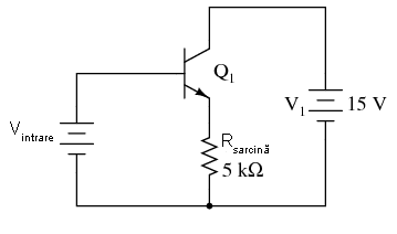 configuraţia amplificatorului cu tranzistor în conexiune colector comun; circuit practic 03103.png