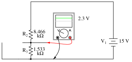 aplicarea teoremei superpoziţiei; studierea circuitului de intrare al amplificatorului atunci când doar sursa de tensiune de curent continuu (bateria de 15 V) este conectată în circuit 03134.png
